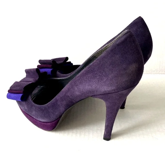 Stuart Weitzman Pump Platform Slim Heel Moda Purple Suede Peep Toe Bow 6.5